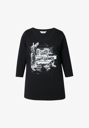 Sort langærmet T-shirt lavet af bomuld med rund hals, der har hvid grafisktryk og tekst: "BLACK INFLUENCE" og "modstå, oprør, rebel."