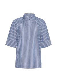 Randig blå blus med hög krage, korta ärmar och lös passform. Tyget har en slät struktur med kontrasterande vita ränder.