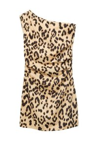 Jednoprstrové mini šaty z jemnej béžovej látky s leopardím vzorom a tmavohnedými škvrnami, so zháňanými detailmi po boku.