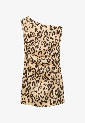 Mini sukienka na jedno ramię z miękkiego beżowego materiału, z wzorem w panterkę i ciemno-brązowymi plamkami, z marszczeniem po boku.