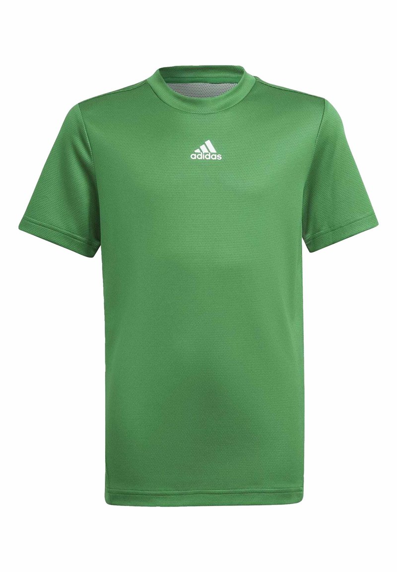 Zelené sportovní tričko s krátkým rukávem vyrobené z prodyšného materiálu s texturovaným vzorem; na hrudi má bílé logo adidas.