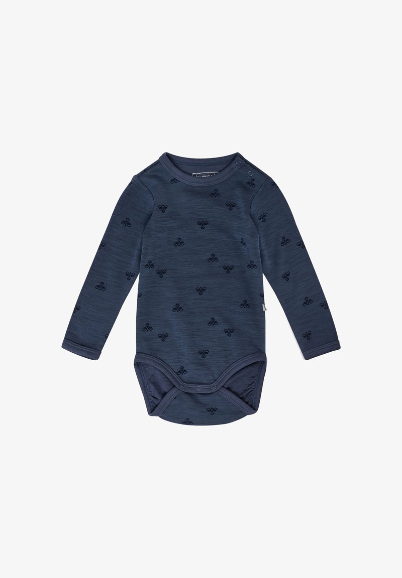 Mörkblå långärmad bodysuit i texturerad tyg, med ett subtilt mönster av små svarta former, och med tryckknappar vid axeln och i nederkant.