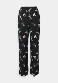 Černé široké kalhoty s zelenými a bílými květinovými a motýlími vzory, s elastickým pasem, umístěné na bílém pozadí.