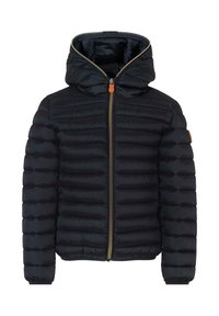 Giacca a vento nera con cappuccio, design a righe orizzontali, zip frontale e dettagli arancioni. Presenta polsini elasticizzati e un interno morbido.
