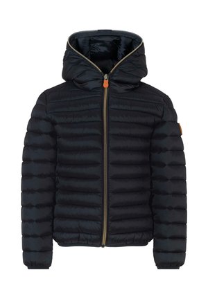 Giacca a vento nera con cappuccio, design a righe orizzontali, zip frontale e dettagli arancioni. Presenta polsini elasticizzati e un interno morbido.