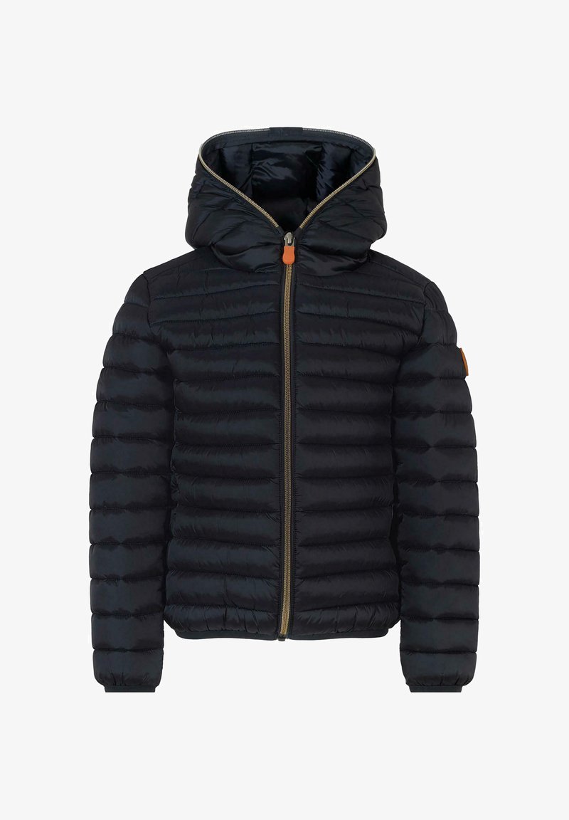 Czarna kurtka puchowa z kapturem, poziomym pikowaniem, przednim zamkiem i pomarańczowym akcentem. Posiada elastyczne mankiety oraz miękką podszewkę.