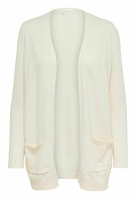 Ljus beige cardigan i mjukt tyg, med öppen front, långa ärmar och två framfickor med ribbade mudd och nederkant.