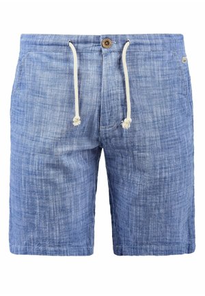 Herre blå linnedshorts med en struktureret finish, snoretræk i taljen og en træknap. Har sidelommer og en afslappet pasform.