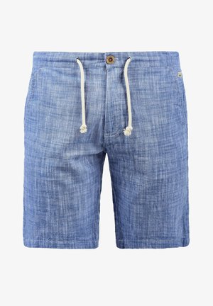 Herre blå linnedshorts med en struktureret finish, snoretræk i taljen og en træknap. Har sidelommer og en afslappet pasform.