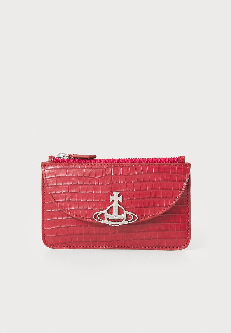 Red faux leather wallet with a textured crocodile pattern, silver hardware, a zip closure, and a curved flap featuring a logo detail.