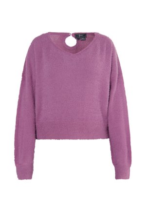 Lila croppad tröja med en fluffig textur, djup V-ringning och cirkulär utskärning på baksidan. Långa ärmar och ribbad nederkant.