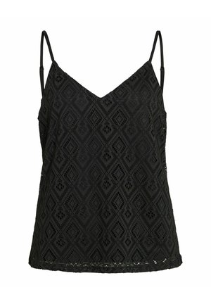 Caraco en dentelle noire avec motifs losanges et floraux, fines bretelles spaghetti réglables, et décolleté en V.