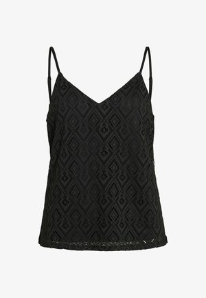 Caraco en dentelle noire avec motifs losanges et floraux, fines bretelles spaghetti réglables, et décolleté en V.