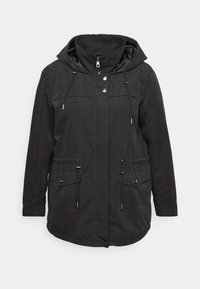 Svart huva jacka med matta ytor, utrustad med dragsko, två framfickor och silverfärgade detaljer. En enkel och funktionell design.