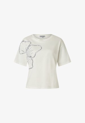 White short-sleeve T-shirt with round neck and silver sequin butterfly design on the left shoulder and chest.