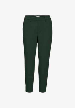 Grüne Hose aus glattem Material, mit figurbetonter Silhouette, elastischem Bund und schmal zulaufenden Beinen ohne sichtbare Beschläge oder Muster.