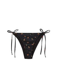 Bas de bikini noir avec imprimé floral, présentant des côtés ajustables à nouer. Fabriqué en tissu lisse avec un ajustement serré et un design offrant une couverture minimale.
