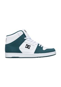 High-top sneakers featuring a teal and white color scheme, smooth leather material, rounded toe, and prominent logo on the side.