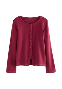 Geribbelde bordeauxrode cardigan met lange mouwen, een ronde halslijn en een knoopsluiting aan de voorkant met een lichte opening in de zoom aan het einde.