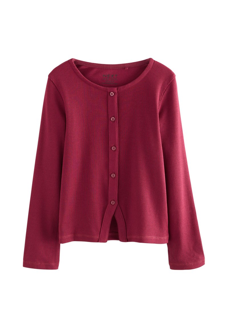Geribbelde bordeauxrode cardigan met lange mouwen, een ronde halslijn en een knoopsluiting aan de voorkant met een lichte opening in de zoom aan het einde.