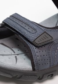 Tumedat sinised sandaalid, millel on tekstuuritud ülemine osa, reguleeritav Velcro rihm ja pehme, hall siseruum, millel on ventilatsiooniks perforatsioonid.