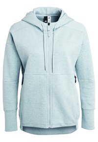 Sweat à capuche bleu clair à fermeture éclair avec capuche ajustable, manches longues et poches latérales zippées, fabriqué en tissu moucheté.