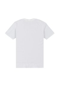 En plain hvid kortærmet T-shirt ligger fladt med bagsiden opad og en rund halsudskæring på en hvid baggrund.