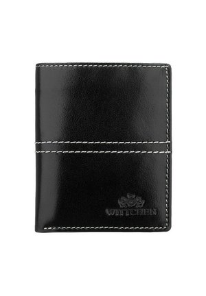 Black leather wallet with a smooth texture, contrasting white stitching, and an embossed logo. Features a bi-fold design for card storage.