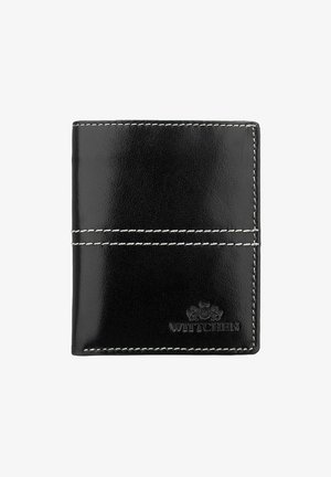 Portefeuille en cuir noir avec une texture lisse, des coutures blanches contrastées et un logo en relief. Il présente un design pliable pour le rangement des cartes.