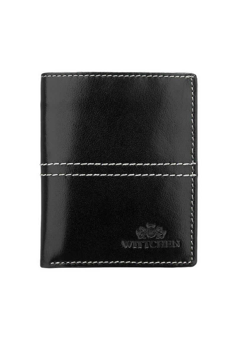 Portafoglio in pelle nera con una texture liscia, cuciture bianche a contrasto e logo stampato. Presenta un design a pieghetta per la conservazione delle carte.