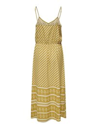 Geltona be rankovių suknelė su sluoksniuota struktūra, turinti vertikalias ir horizontalias baltas juosteles bei tautinius raštus apatinėje dalyje.