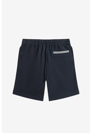 Shorts blu navy realizzati in tessuto morbido, con vita elasticizzata e una tasca posteriore decorata con due strisce orizzontali bianche.