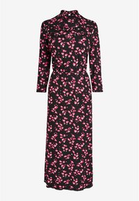 Robe midi noire avec motif floral rose, manches longues, col montant, détails à volants sur la poitrine et taille élastique.