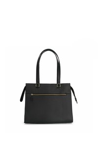 Borsa tote in pelle nera con doppio manico, forma strutturata, tasca frontale con cerniera e finiture dorate. La superficie testurizzata aggiunge un tocco di dettaglio.