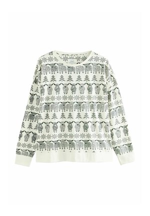 Långärmad tröja i off-white med gröna djur- och trädmönster. Har rund halsringning och avslappnad passform. Mjuk tygkvalitet.
