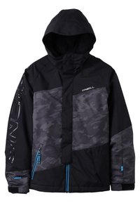 Svart jacka med huva, med ett grått camouflage-mönster, dragkedjestängning, sidofickor och blå detaljer på dragkedjorna och logotypen.