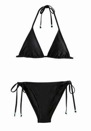 Bikini negru din două piese cu top triunghiular cu legături la gât și partea de jos cu șnururi laterale și mărgele mici turcoaz.