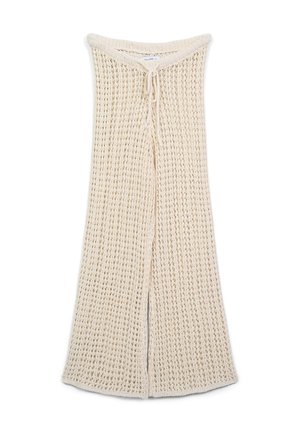 Strickjacke in Cremefarbe mit offenem Vorderteil und Kordelzugverschluss, strukturiert mit einem lockeren, offenen Gewebe-Muster.