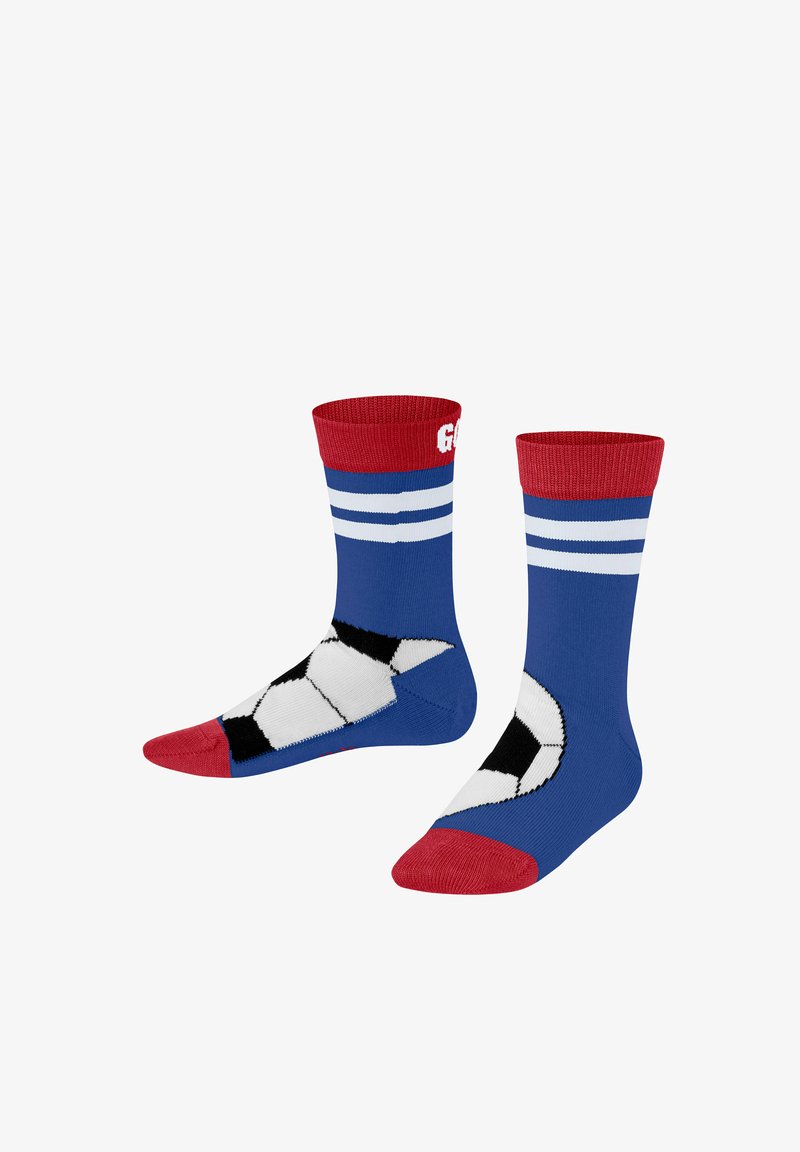 Chaussettes bleues avec des bordures et des bouts rouges, ornées de rayures blanches près du haut et d'un motif de ballon de football noir et blanc sur les côtés.