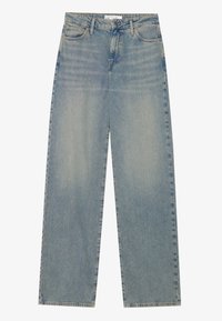 Ljusblå vida jeans gjorda av denim, med hög midja, fem fickor och en klassisk knappstängning. Distresserad textur på tyget.