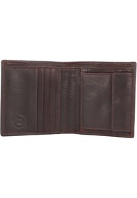 Portafoglio in pelle marrone con superficie testurizzata, sei slot per carte, due tasche e un logo impresso all'interno. Design compatto e pratico.