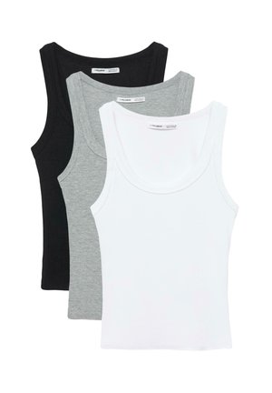 Trois débardeurs côtelés sans manches en blanc, gris clair et noir, empilés avec le blanc sur le dessus, vue à plat.