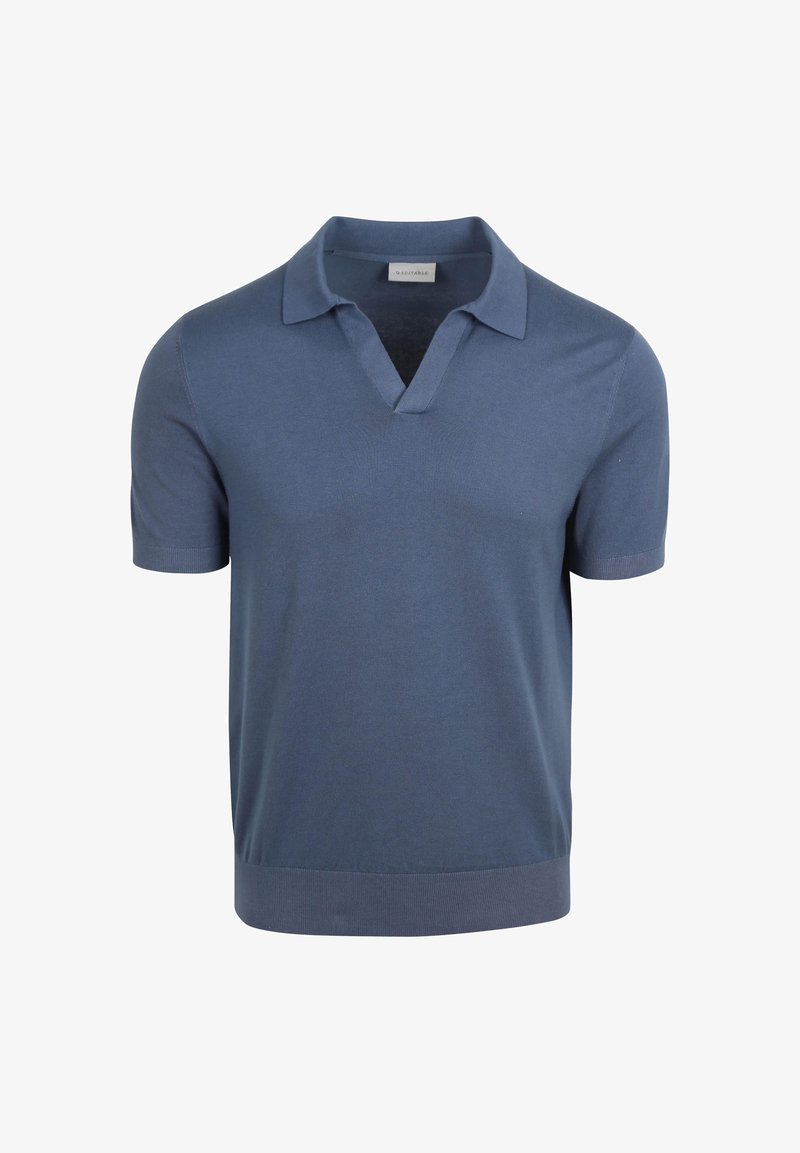Short-sleeve polo shirt in dark blue, featuring a V-neck, subtle texture, and ribbed cuffs and hem. Made from a soft, lightweight material.