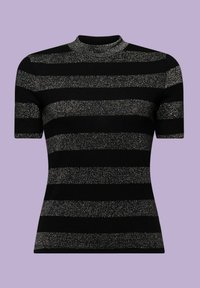 Mustahuulikauluksellinen lyhythihainen paita, jossa on vuorotellen kiiltävät hopeiset ja mattamustat vaakasuuntaiset raidat, neulottu rakenne.