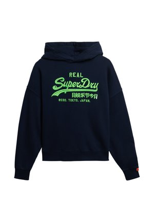 Marineblauwe katoenen hoodie met een frontzak, voorzien van neon groene geborduurde logo-tekst en accenten. Capuchon met trekkoord, ribgebreide boorden.