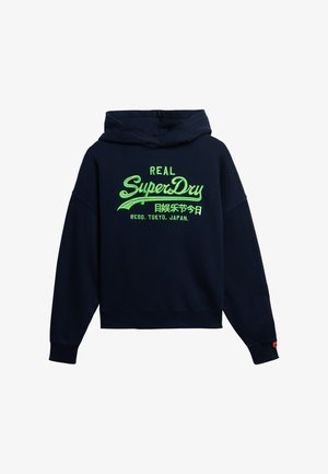 Marineblauwe katoenen hoodie met een frontzak, voorzien van neon groene geborduurde logo-tekst en accenten. Capuchon met trekkoord, ribgebreide boorden.