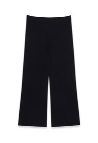 Črne široke hlače iz gladkega, elastičnega materiala. Imajo visok pas in dolžino do gležnjev brez dodatnih detajlov.