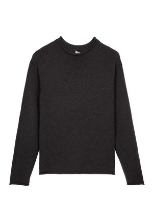 Dark gray sweater with long sleeves, crew neck, ribbed texture, and a relaxed fit. Material appears knit with visible stitching details.