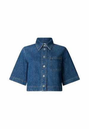 Kék farmer ing, rövid ujjú, gombos elülső rész, hegyes gallér és egyetlen mellzseb a bal oldalon.