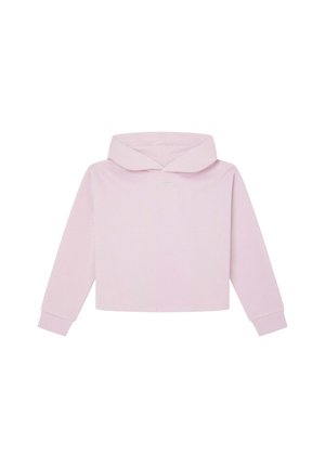Rosa, verkürzter Hoodie mit weicher Textur, ausgestattet mit einer Kordelzugkapuze, langen Ärmeln und gerippten Bündchen. Minimalistisches Design ohne Grafiken.